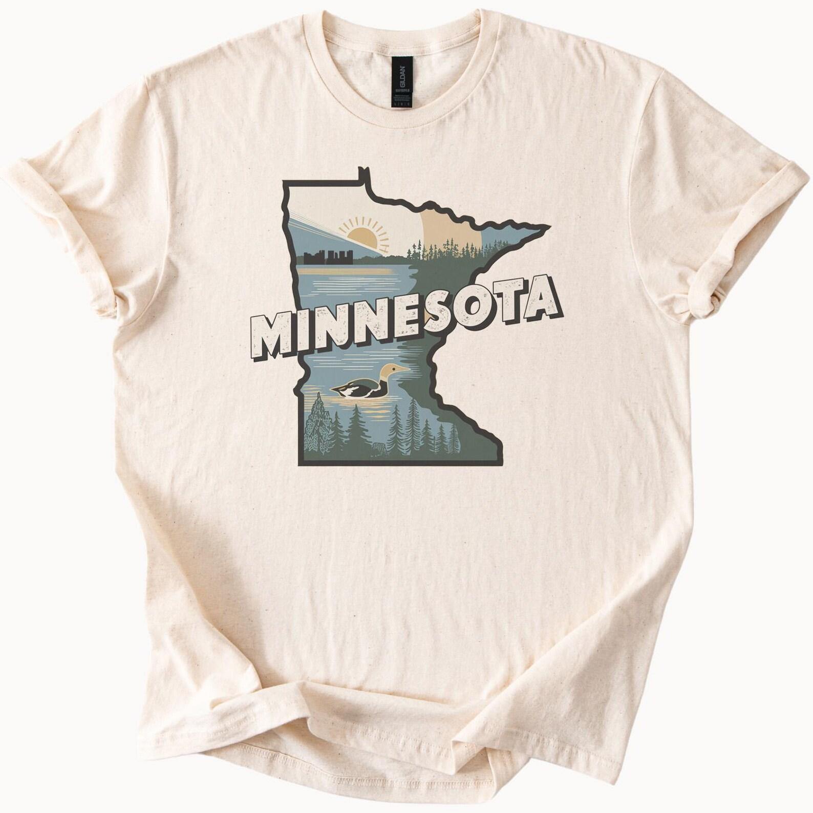 Minnesota State Outline Graphic T Shirt with Nature Scene Sunrise Lake Loon Bird Forest Trees Outdoors Minnesota Gift Shirt 160