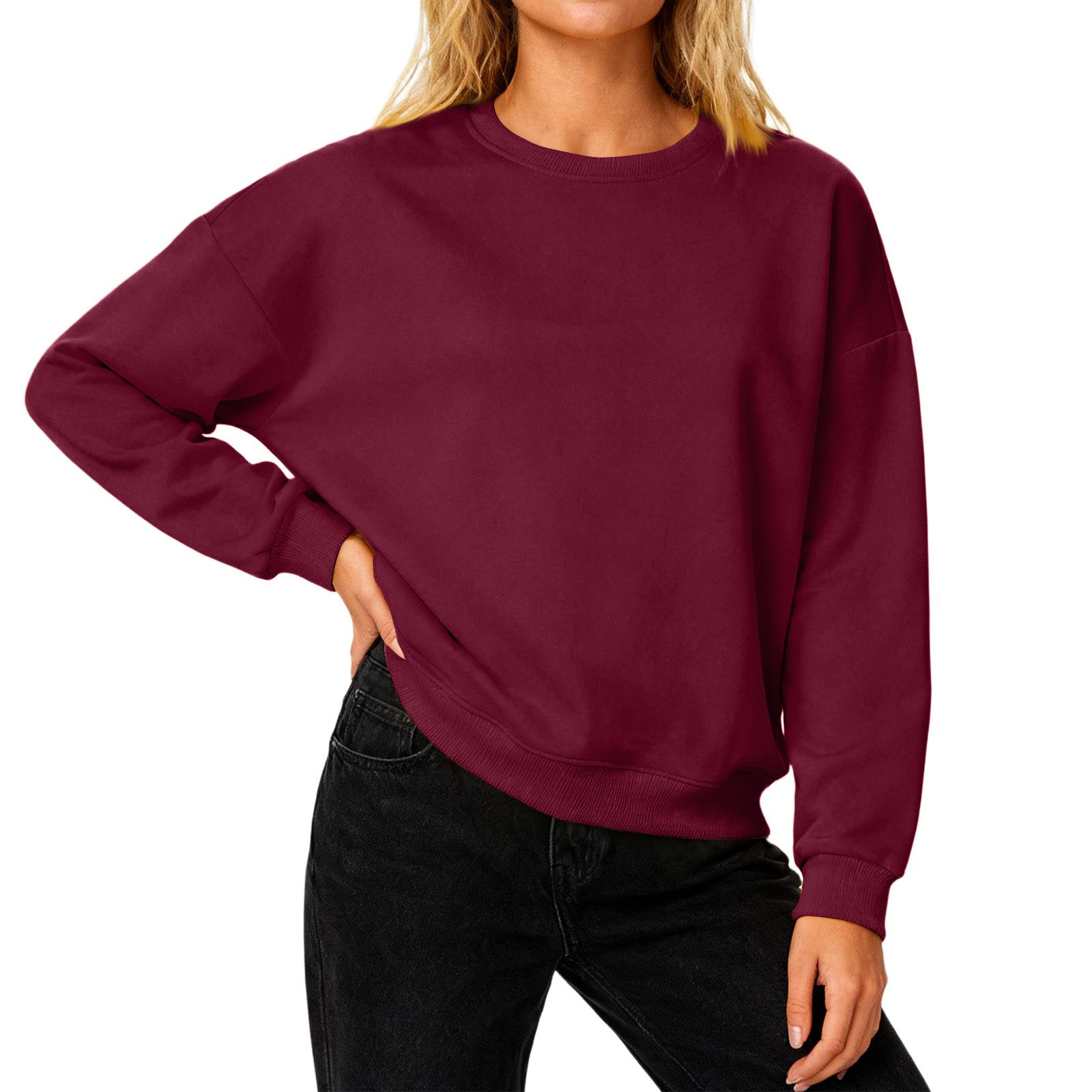 

Женский свободный удобный повседневный и модный свитшот с круглым вырезом, рукавами с резьбой, однотонный, с длинными рукавами XL винный