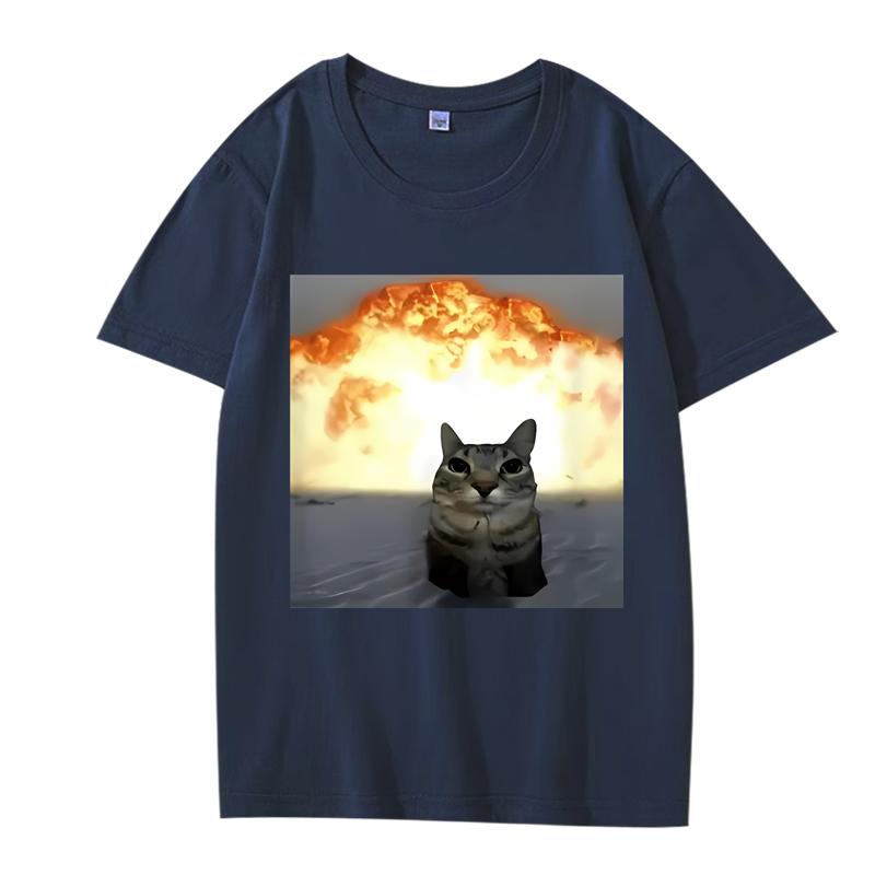 Whimsical Cat Explosion Graphic T Shirt Men Women Oversized 100% Cotton Funny Hot Sale Short Sleeve Summer Print Unisex Tops