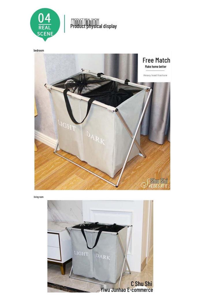 Two-Compartment Foldable Laundry Basket with Handles, 600D Oxford Waterproof Fabric & Mesh Cover