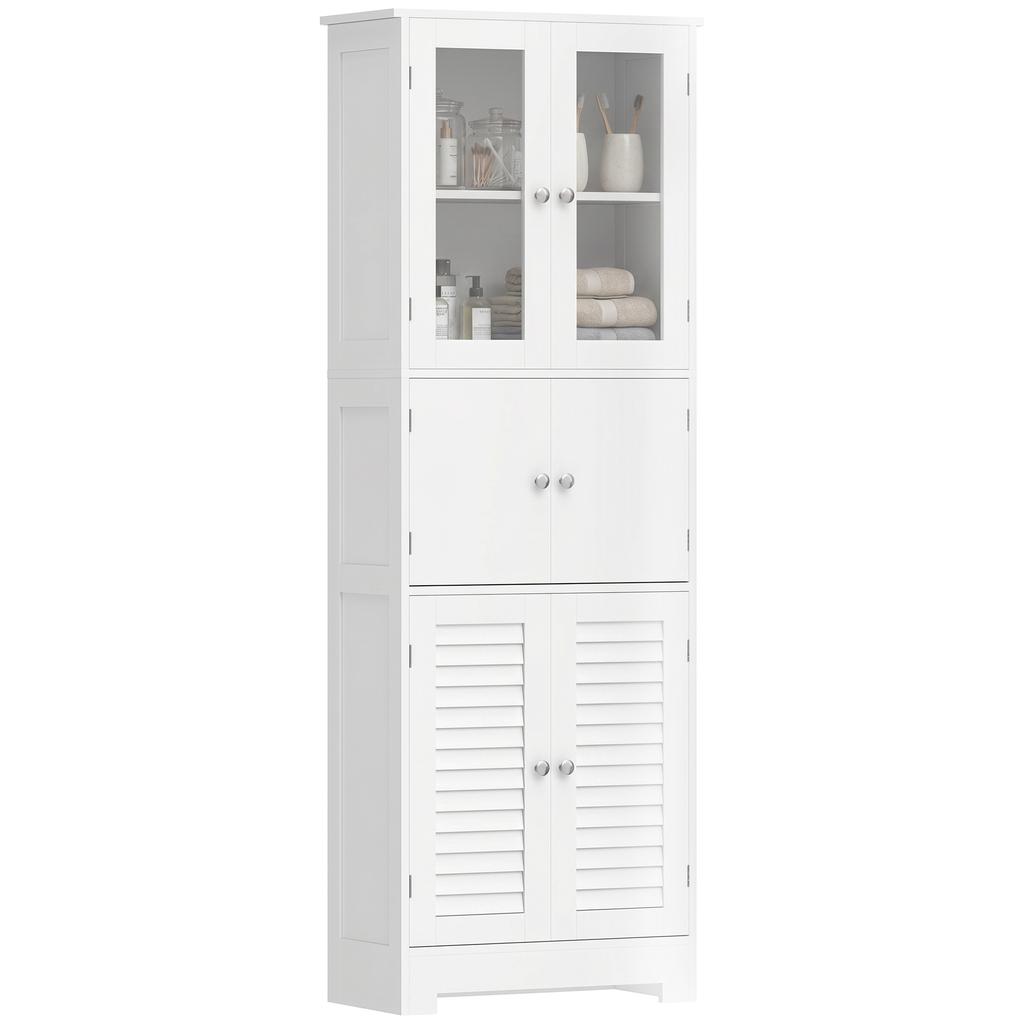 Tall Bathroom Cabinet, 6 Doors, 2 Glass 2 Louvered, Adjustable Shelf, White