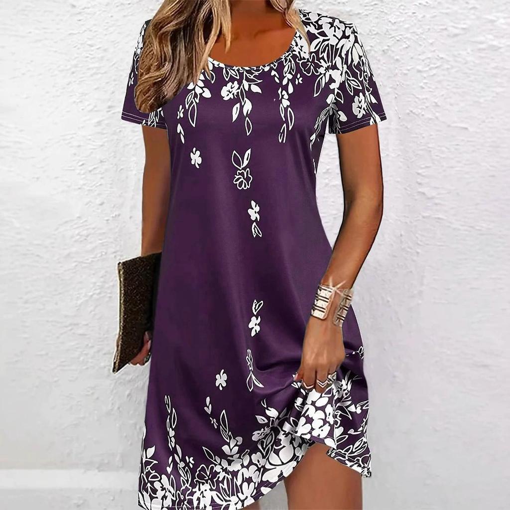 Elegant Floral Pattern Women Mini Dresses Summer Short Sleeve Printed Plus Size Casual Comfortable Soft Dress