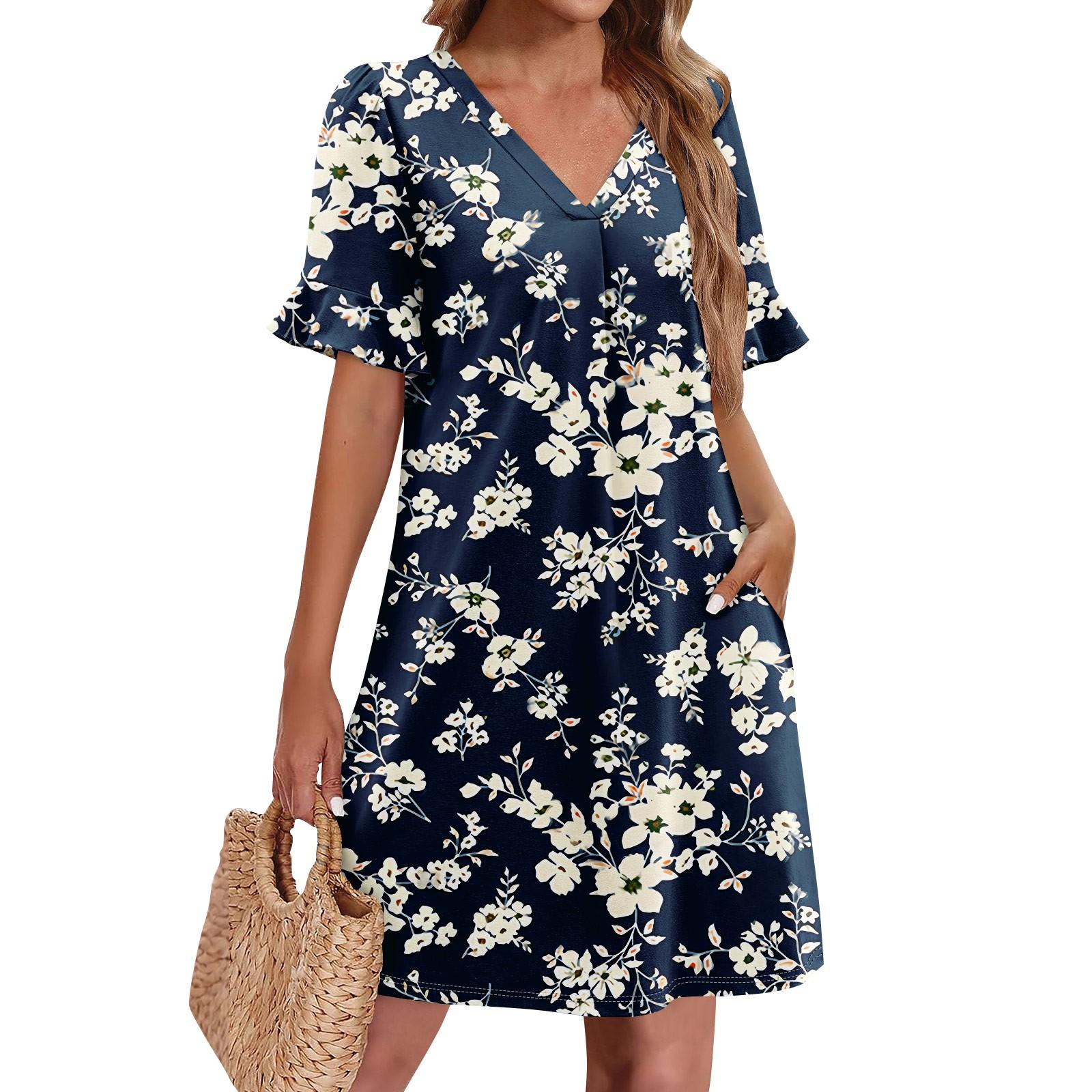 

Летние платья для женщин с V-образным вырезом, оборками и коротким рукавом, повседневное свободное платье с принтом, пляжное платье с карманами L тёмно-синий