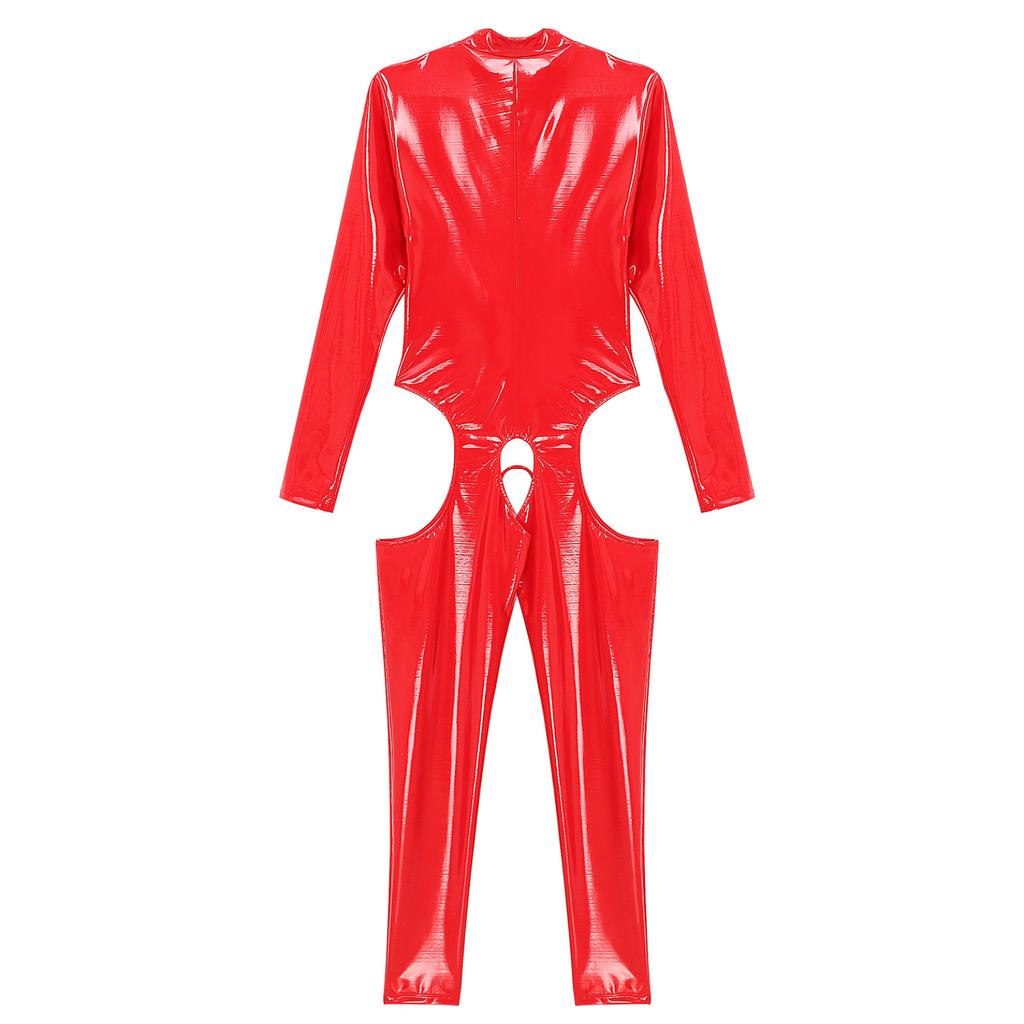 Womens One Piece Long Sleeve Full Body Jumpsuit Wet Look Leather Zipper Bodysuit Catsuit
