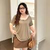 Plus size women clothing [Lyocell Stacked T] Double-Layer Contrast Color round Neck Loose Summer Short sleeve 100.00kg Belly Covering T-shirt