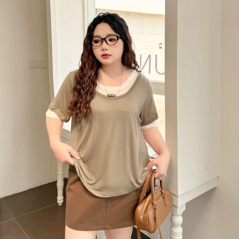 Plus size women clothing [Lyocell Stacked T] Double-Layer Contrast Color round Neck Loose Summer Short sleeve 100.00kg Belly Covering T-shirt