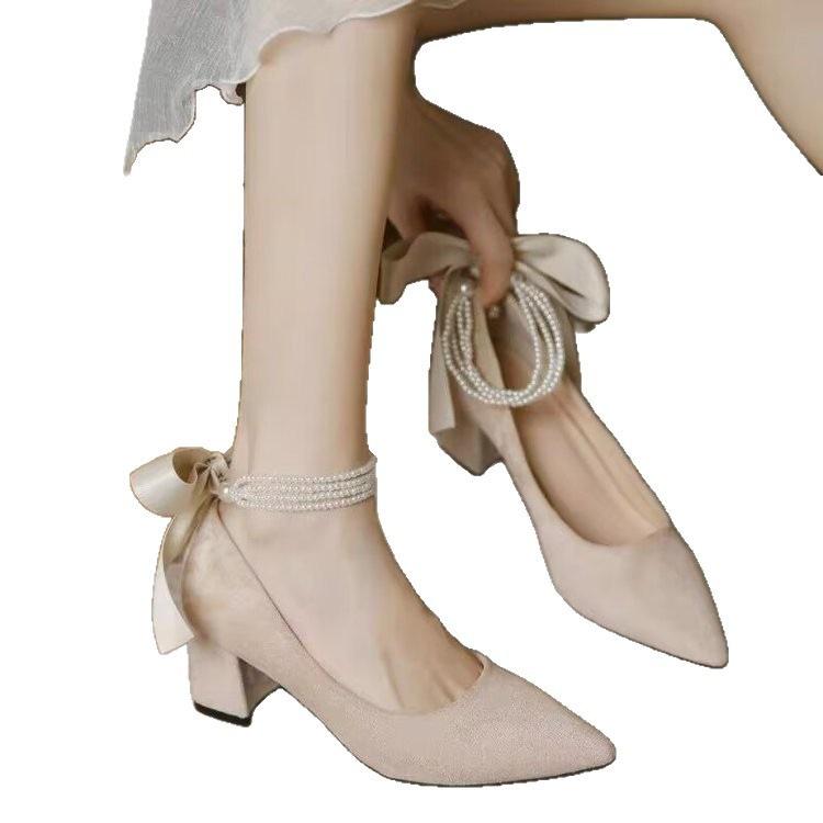 New Spring Pointed Pearl with Black High Heel Single Shoes French Gentle Temperament Medium Heel Thick Heel