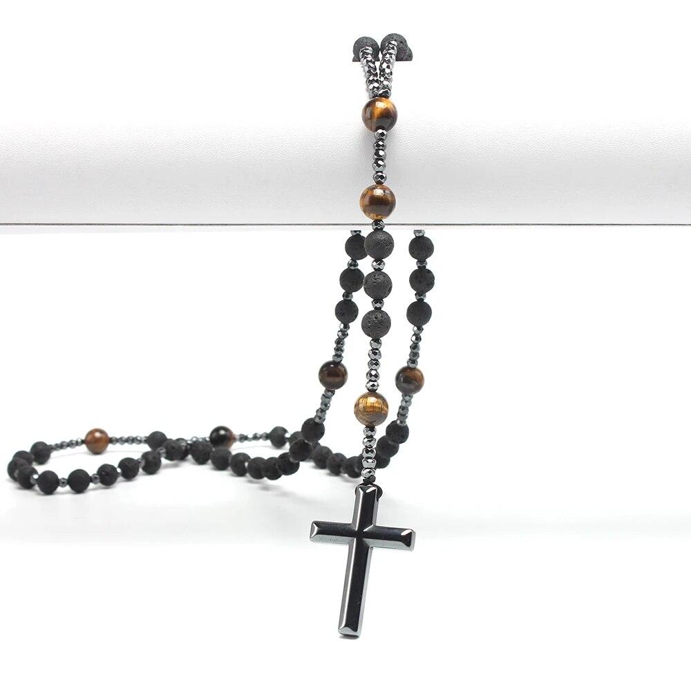 Natural Lava Stone Tiger Eye Beads Long Necklace with Hematite Cross Pendant Mens Rosary Jewelry