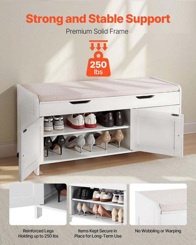 Shoe Bench, 1050 X 350 X 503 Mm Entryway Bench with Lift Top Storage and Seat Cushion, 250lbs Shoe Storage Rack with 3 Cabinets and Height Adjustable