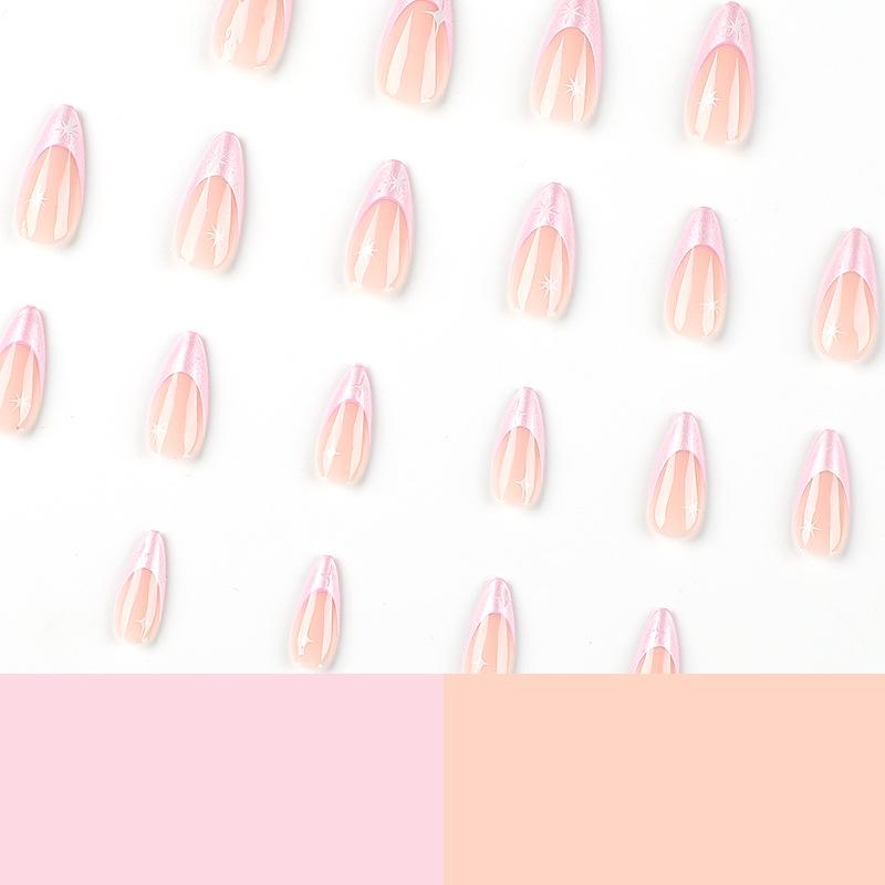 24Pcs/Set Quick Nails French Style Pink Pearl Powder False Nials Sticker Wearable Waterproof Manicure Finished Nails