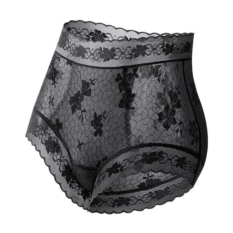 Ladies Summer Lace Camellia 10A Antibacterial Mulberry Silk Extended Crotch Ice Silk High Waist Belly Triangle Briefs