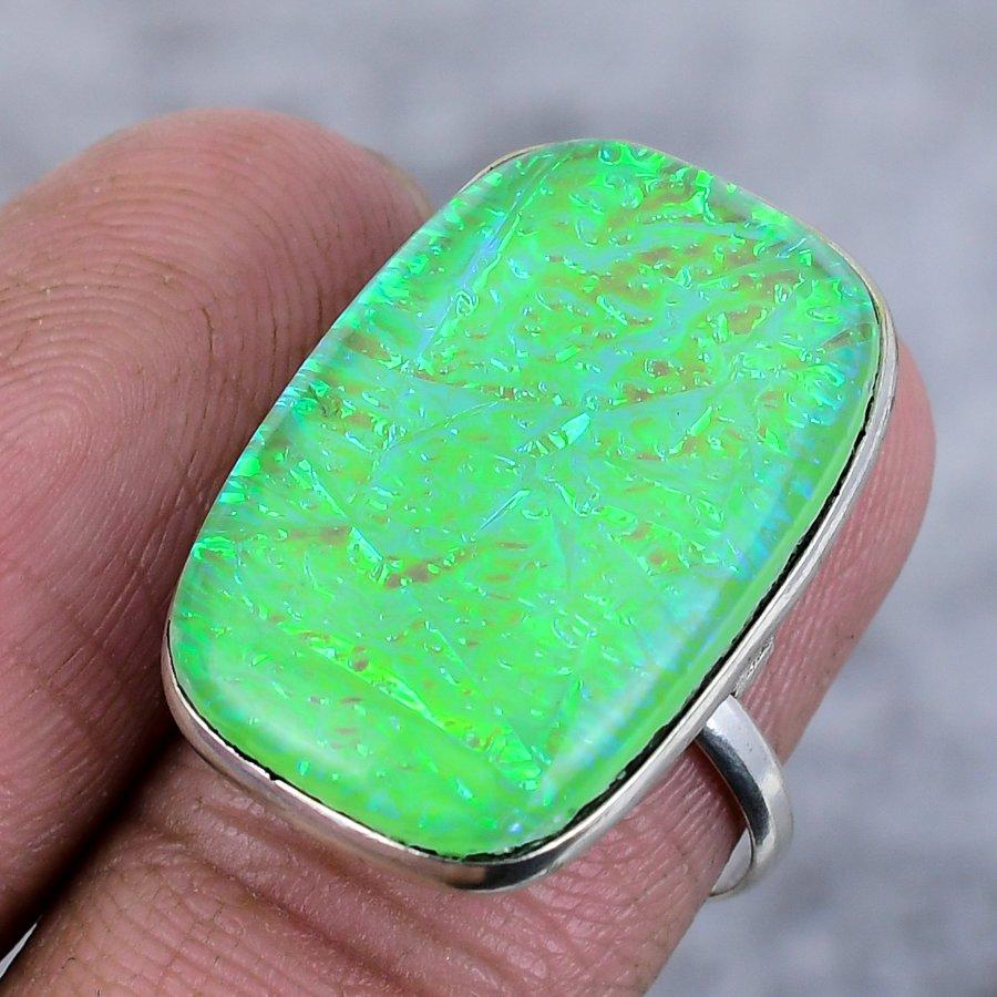 Natural Green Triplet Opal 925 Sterling Silver Jewelry Ring Size 7.5 N3k17