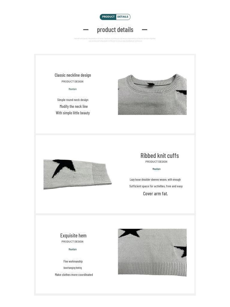 Damski sweter dzianinowy żakardowy pięciogwiazdkowy europejsko-amerykański na wiosnę i jesień, z okrągłym dekoltem i długim rękawem