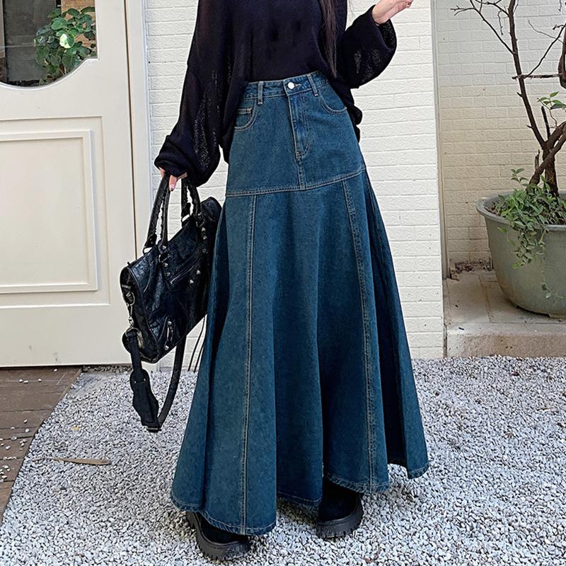 

WTEMPO Длинная винтажная синяя джинсовая юбка женская весна-осень элегантная универсальная юбка с высокой талией «рыбий хвост» уличная одежда L синий