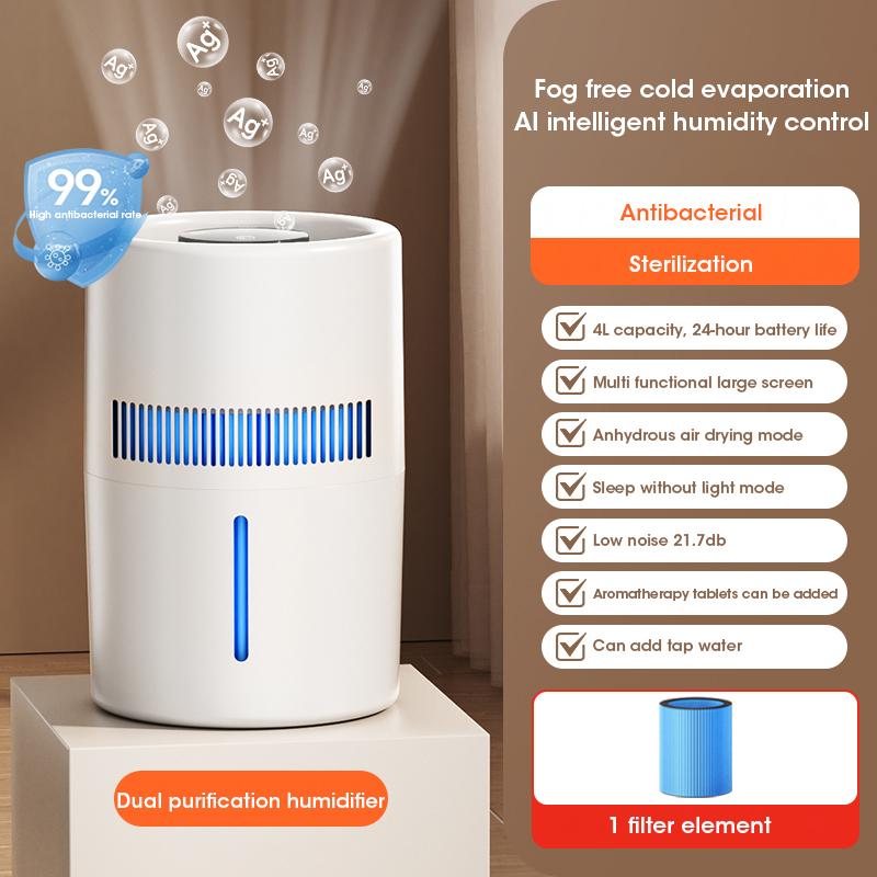 Intelligent 4L Large Capacity Negative Ion Fog Free Air Humidifier Purifies 350ml/H with Low Noise and Diffusion for Fresh Air