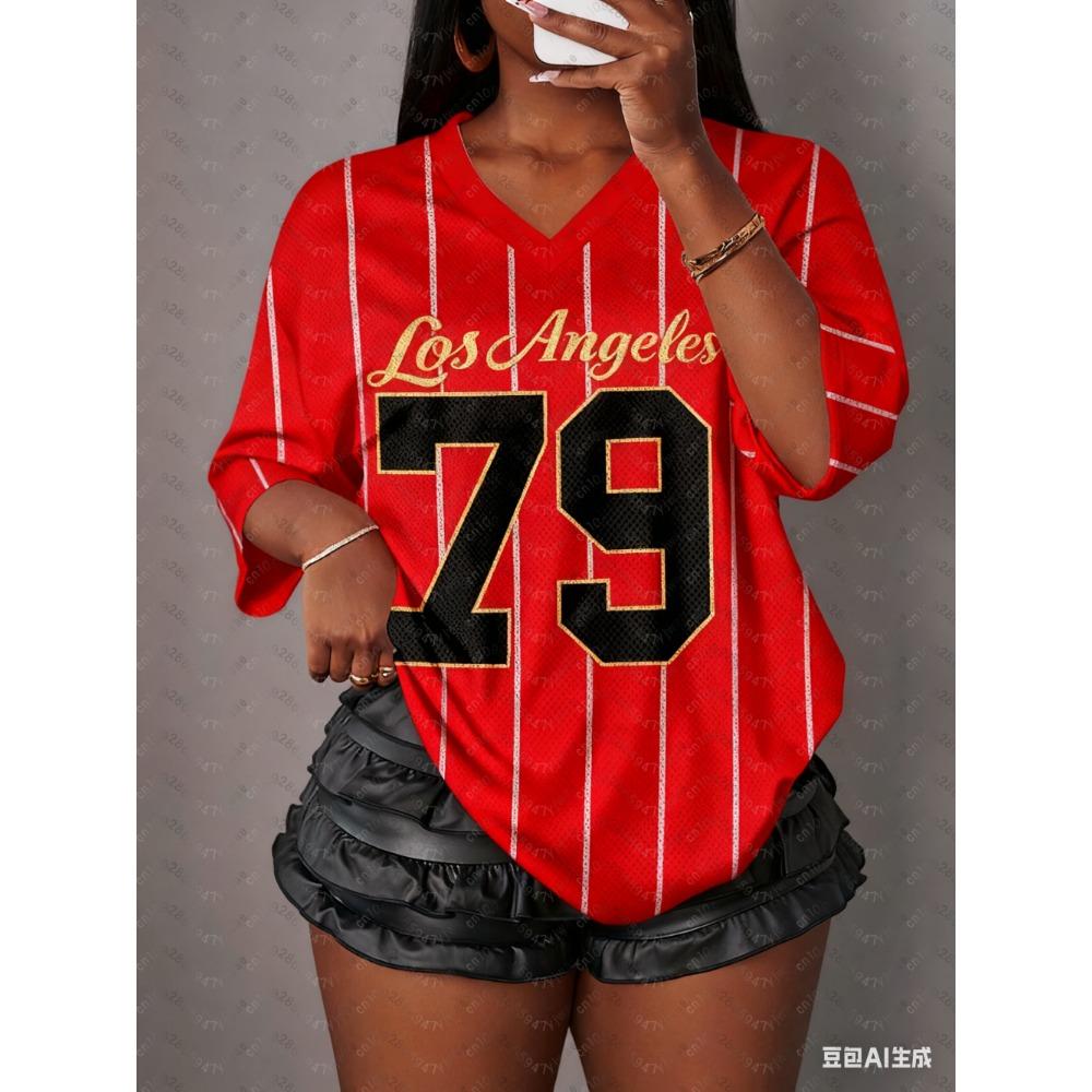 Women's Printed V-Neck Short-Sleeve T-Shirt, Summer Pattern T-Shirt, Baseball Shirt, Plus Size Sports T-Shirt