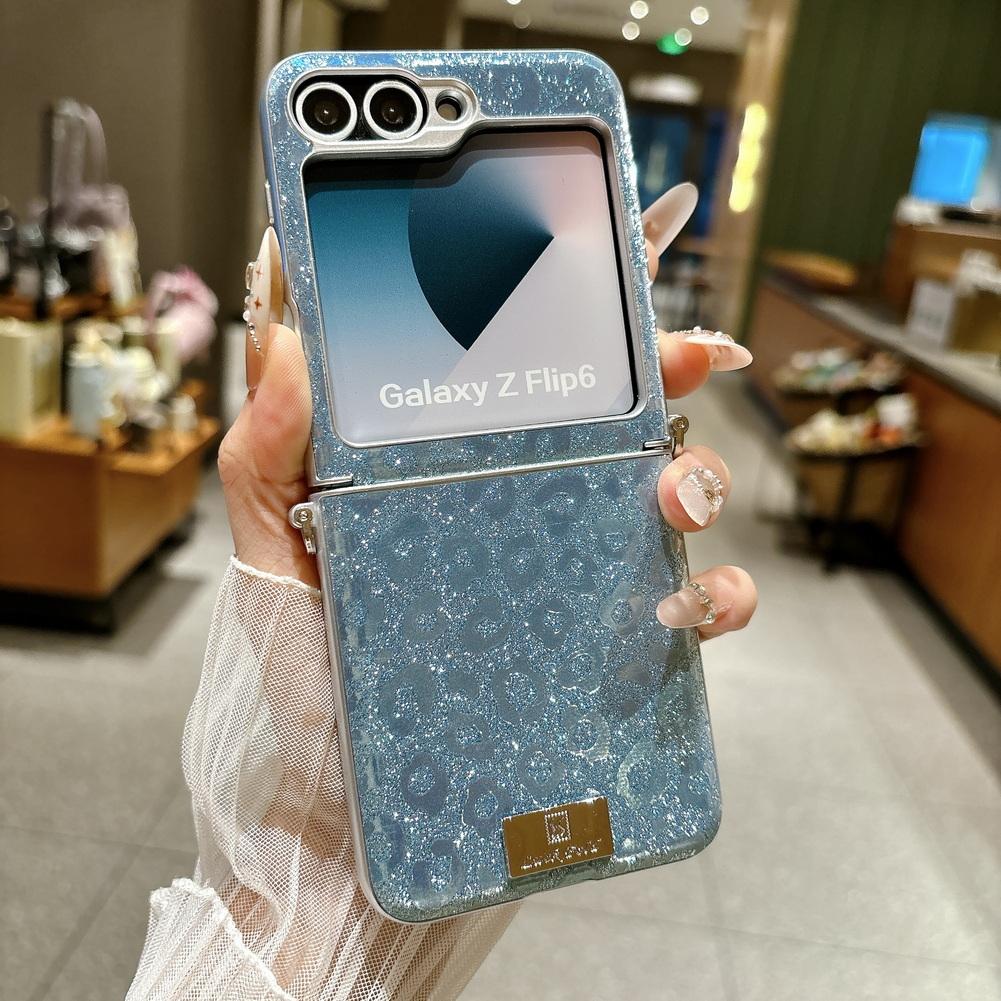 Shimmering Leopard Print Phone Case for Samsung Z Flip 8 flip7 fe Galaxy Z Flip 7 6 5 Silver-edged Side Buckle Protective Cover