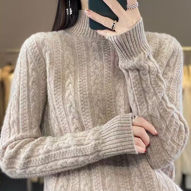 Cable Knit Mock Neck Sweater, Elegant Comfy Basic Long Sleeve Sweater for Fall & Winter, Women's Clothing