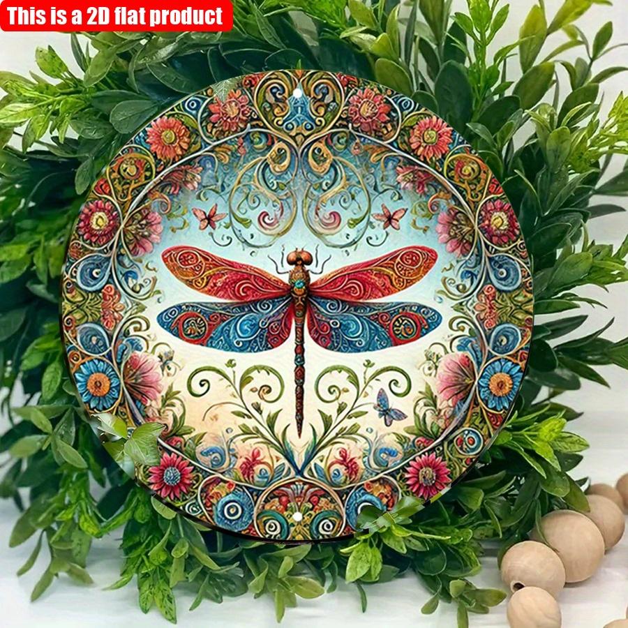 2D Flat 20*20cm1pc Colorful Dragonfly Pattern Wooden Wall Art Plaque, Round with Delicate Floral and Insect Design for Home, Garage, Garden and Cafe