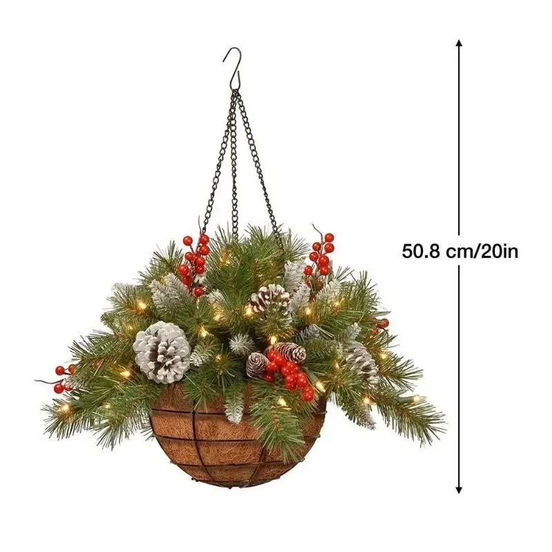 Artificial Christmas Hanging Basket Garland with White LED Light Red Berries Pine Cones Snow for Door Home DIY Decorations