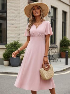 Elegancia Francesa de Verano: Vestido Midi de Manga Corta con Cuello en V y Corte Imperio para Vacaciones y Trayecto al Trabajo