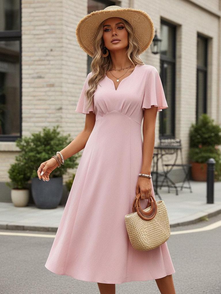 Summer French Elegance: Short Sleeve V-Neck A-Line Midi Dress for Vacation & Commute