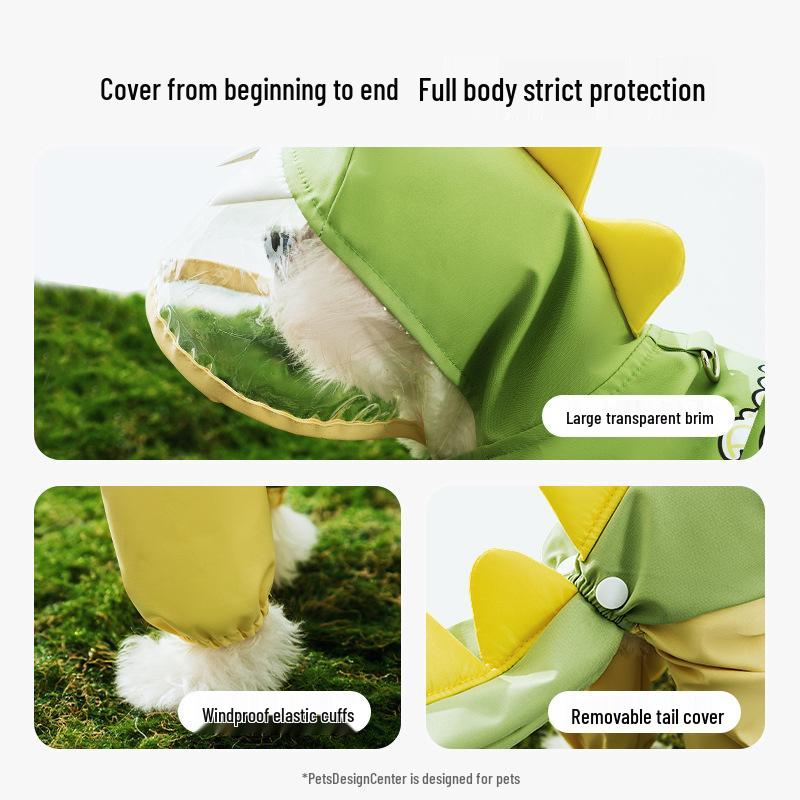 Four-Legged Dinosaur Dog Raincoat with 3D Tail – Waterproof for Medium & Large Breeds