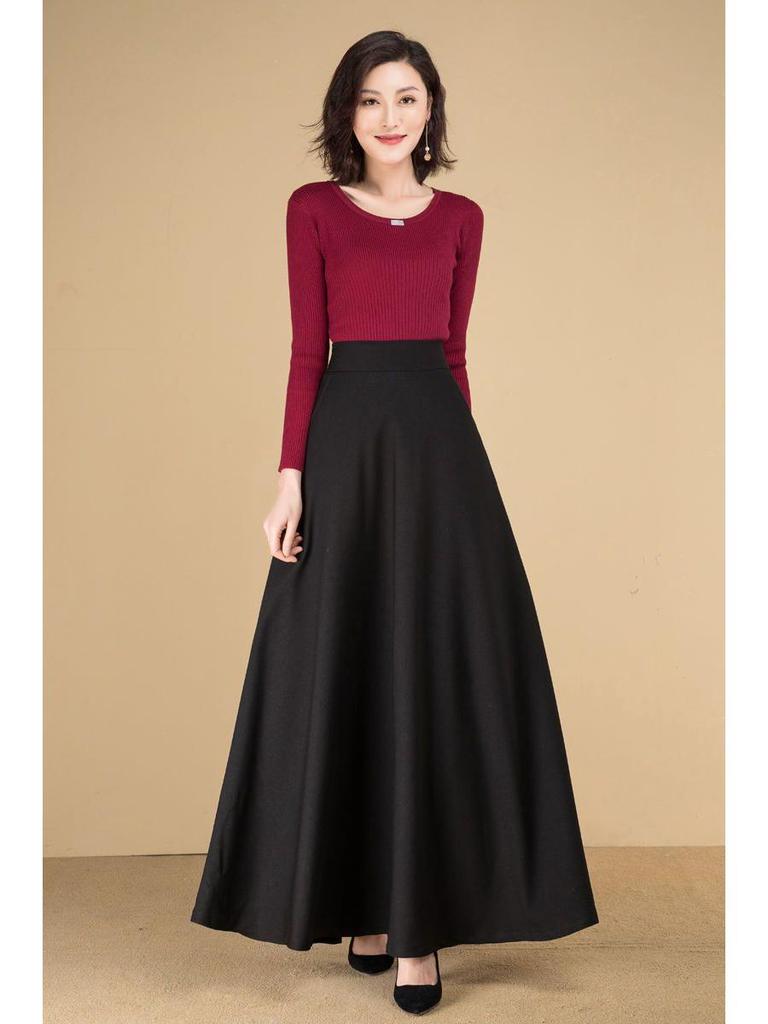 Damen Winter Wollrock mit hohem Bund, A-Linie, mittellang - Warm, Vielseitig, Kälteschutz, Figurschmeichelnd, Weiter Saum.