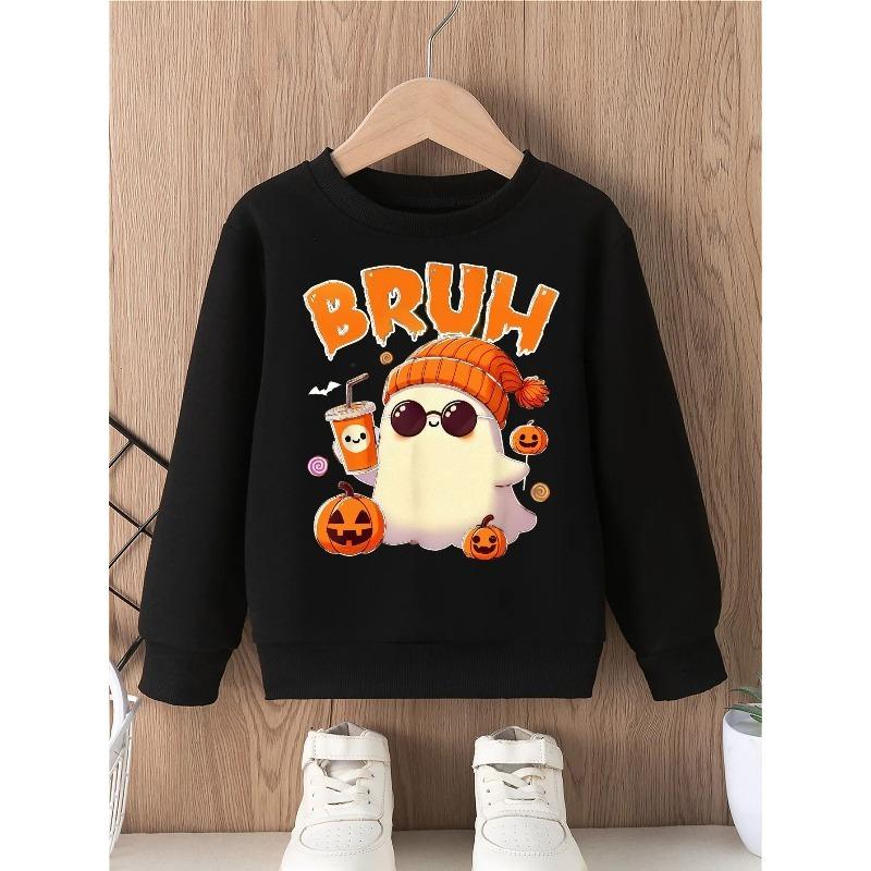 European sizes Halloween Boys Graphic Crewneck Sweatshirt Cute Beanie Glasses Print Long Sleeve Pullover Funny Bruh Text Top Kids Fall Gift