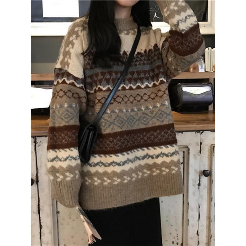 Damen Herbst und Winter Strickpullover mit Rautenmuster Lässiger, lockerer Pullover