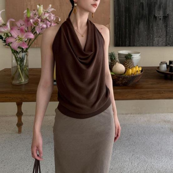 Korean new 2026 summer women s clothing suit design sense loose pile collar sleeveless vest T-shirt skirt S