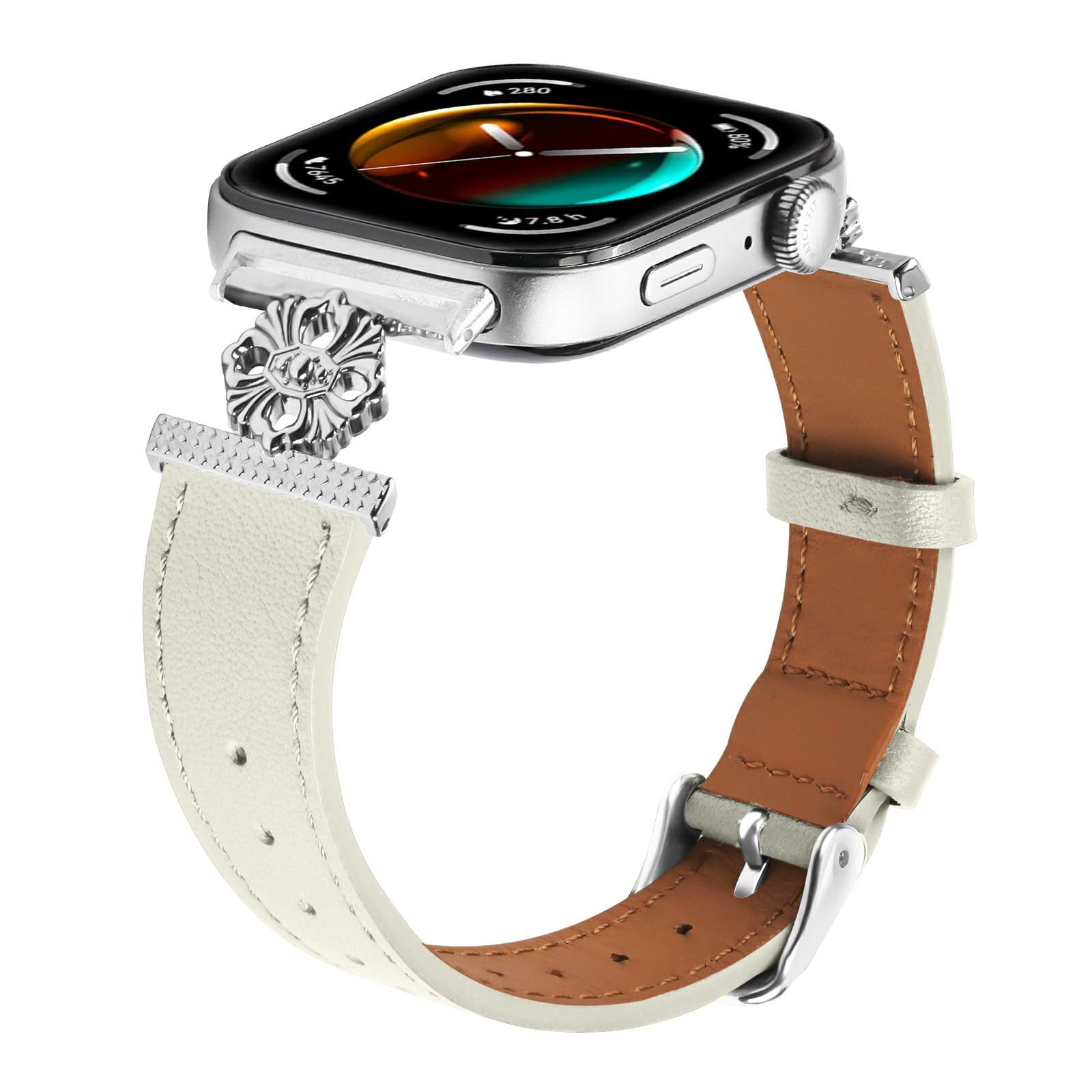 

For Huawei Watch Fit 3 Watch Band Genuine Cow Leather Flower Decor Adjustable Strap White