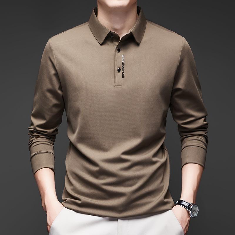 Men's Business Casual Long Sleeved Shirt with Badge Solid Color Polo Shirt Fashionable Breathable Comfortable Versatile Top