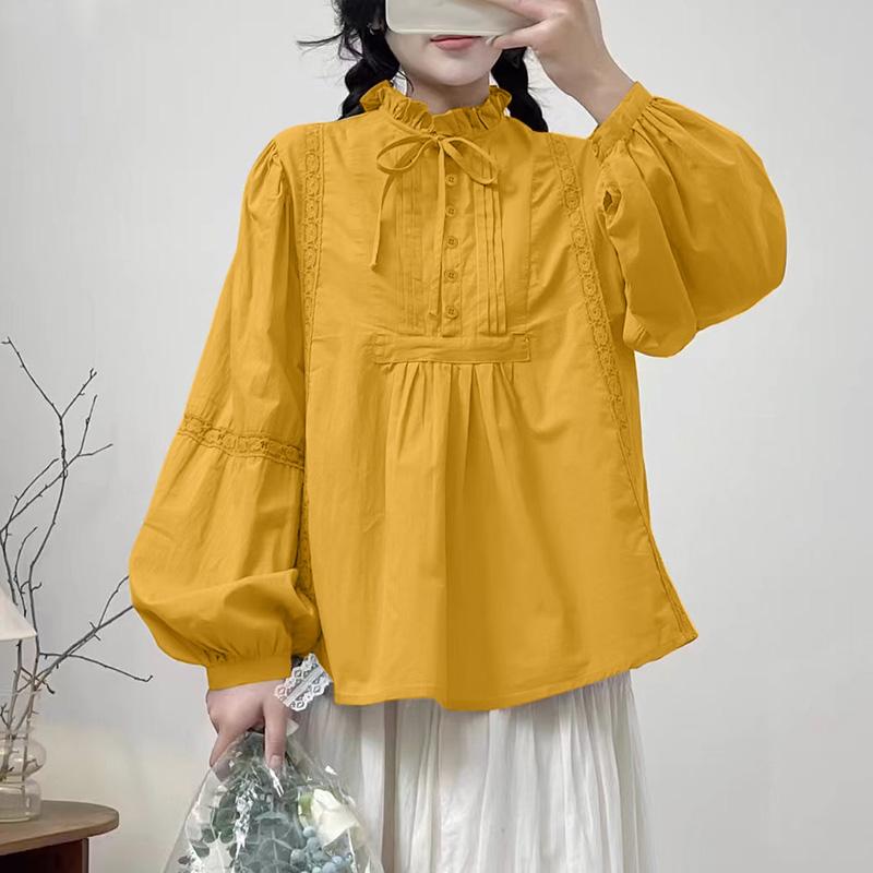 

ZANZEA Женские весенние рубашки с воротником-стойкой и длинными рукавами в полоску с кружевом жёлтый