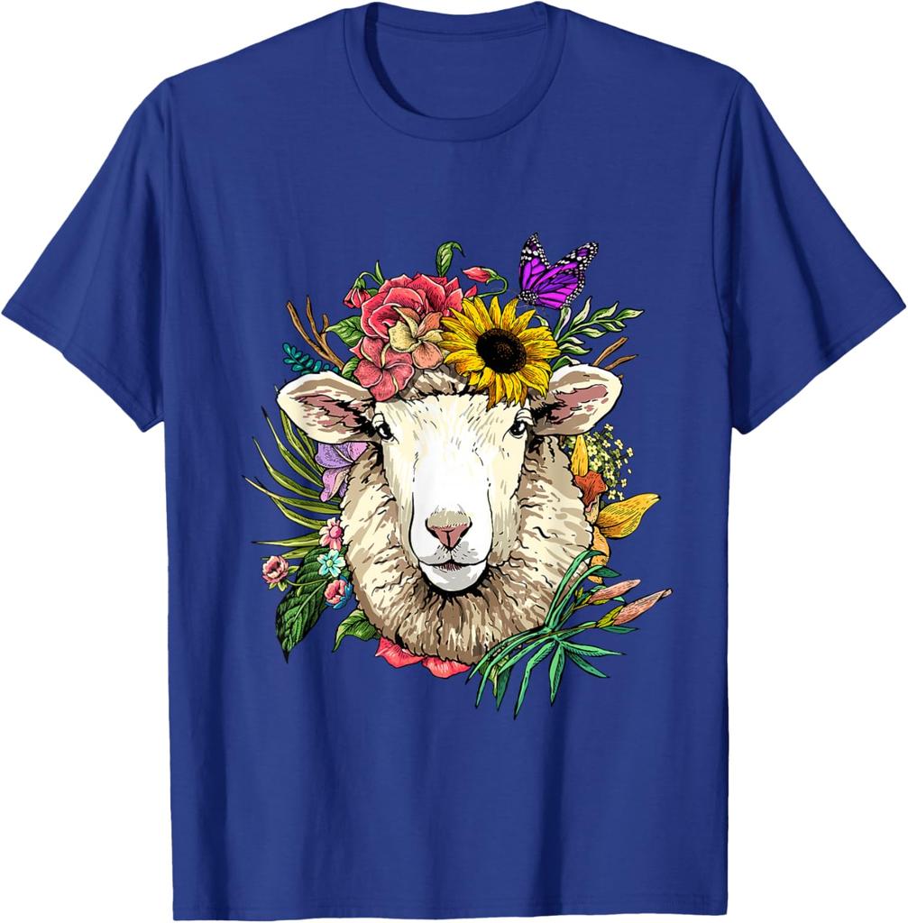 Blumen Schafskopf Kranz T-Shirt Tierliebhaber Bauernhof Grafik T-Shirt Frühling Sommer Freizeit