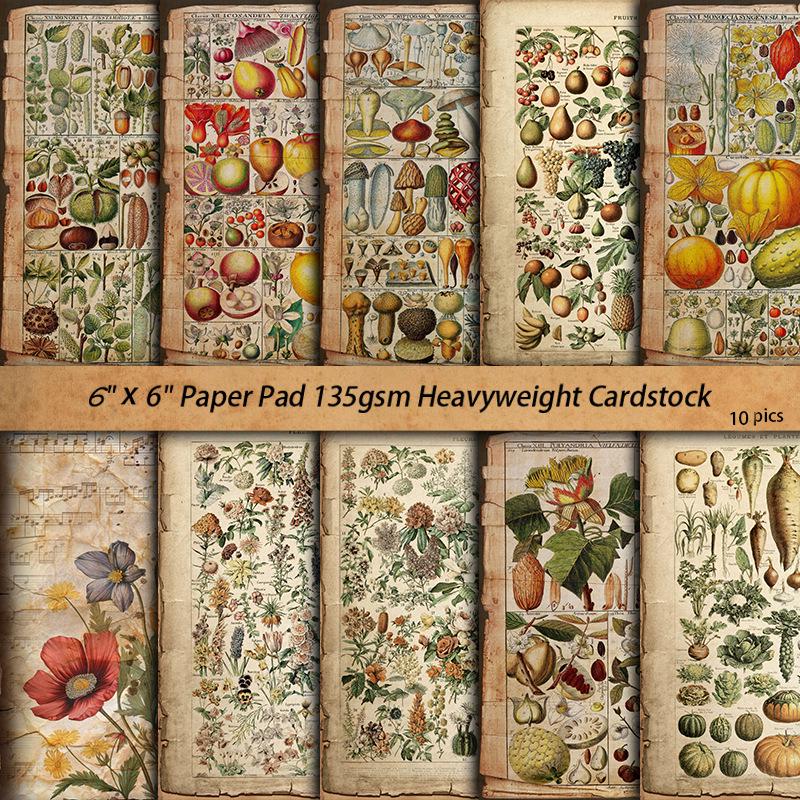 Retro Distressed Plant Book Page 14x18cm Material Paper for Journal Collage Decoration, 10 Sheets