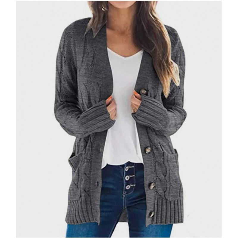 Womens Loose Fit Cable Knit Cardigan Sweater V-Neck Long Sleeve Mid-Length Casual Outerwear