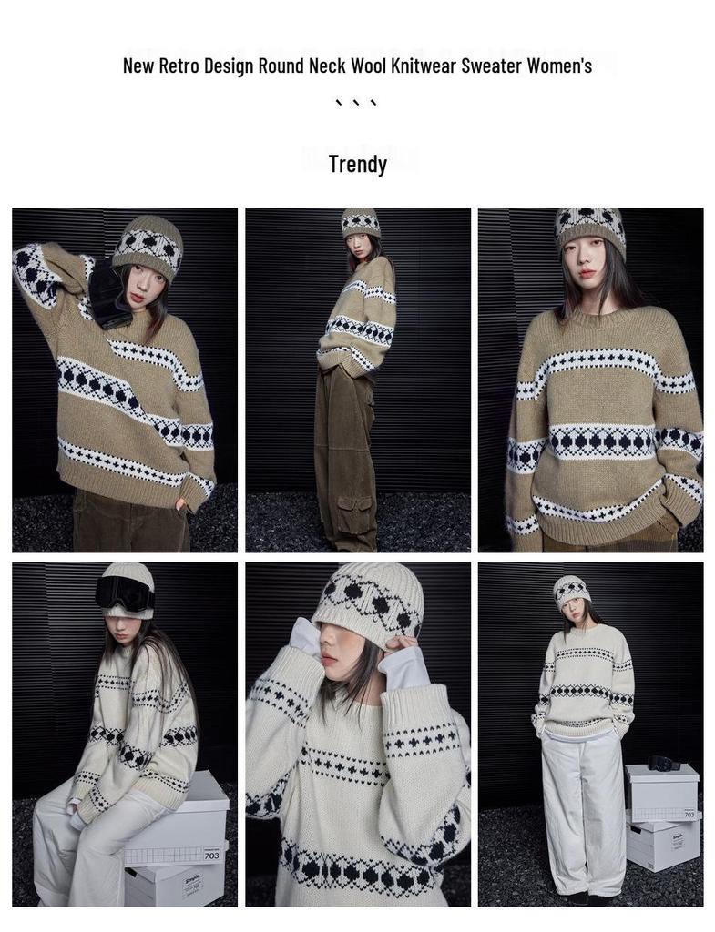Mall-Stil Dicker Reiner Wollpullover für Damen - 100% Wolle Locker Gestrickt Vielseitiges Oberteil
