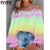 Women's Fashion Casual Spring Autumn Colour Block Print Long Sleeve One Shoulder Blouses & Shirts