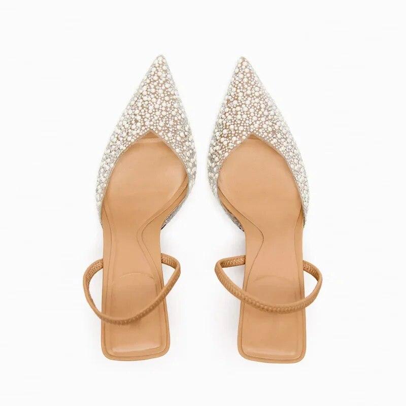 Women's Pointed Head High Heeled Sandals Summer 2024 Sexy Woman Shoes Fashion Pearl Decoration Slingback Woman Pumps
