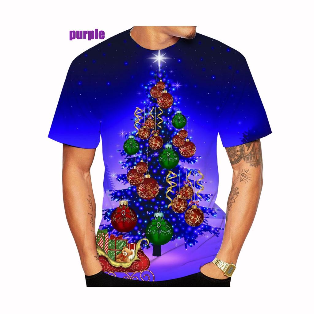 Nueva Moda Camiseta Navideña Estampada en 3D Popular Unisex Camisetas Árbol de Navidad Muñeco de Nieve Gato Estampado Manga Corta