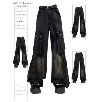 Women's Black Gothic Cargo Jeans Vintage Korean 90s Aesthetic Y2k Denim Trousers Harajuku High Waist Cowboy Pants 2000s Clothes