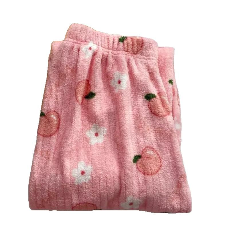 Women's 2025 Peach & Bear Print Coral Fleece Pajama Pants - Warm, Thickened, Casual Homewear for Autumn/Winter