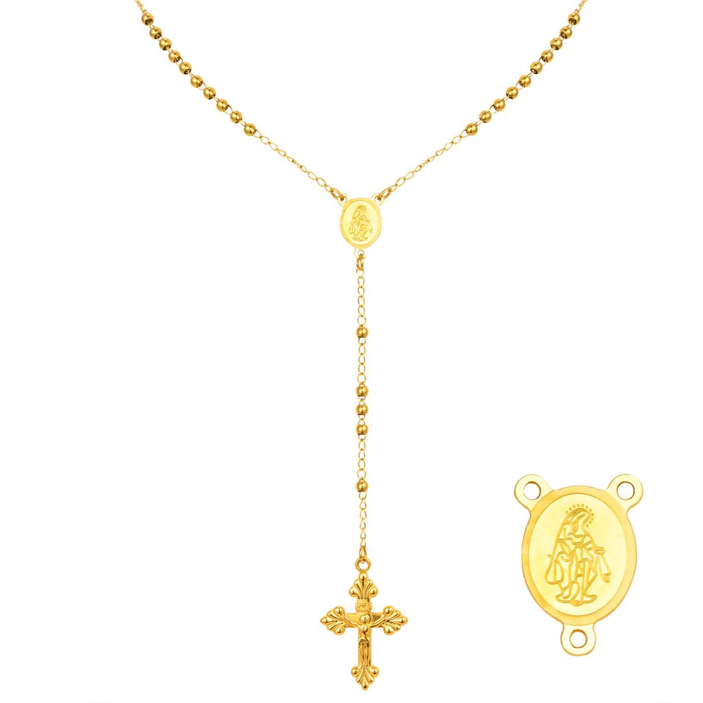 Stainless Steel Prayer Beads Rosary Necklace with Cross Pendant, Y-Shaped Long Chain Virgin Mary Necklace, Religious Jewelry