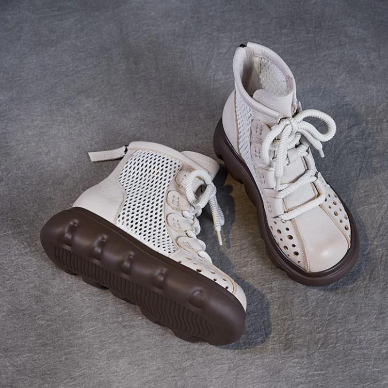 Johnature Genuine Leather Hollow-out Short Boots Mesh Breathable Thick Soled Women's Shoes
