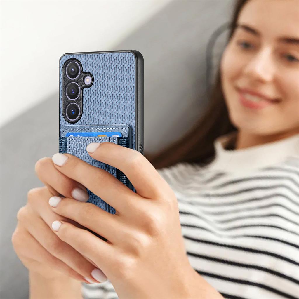 For Samsung Galaxy S25+ Case with Card Holder Kickstand Fiber Pattern Leather Back Cover