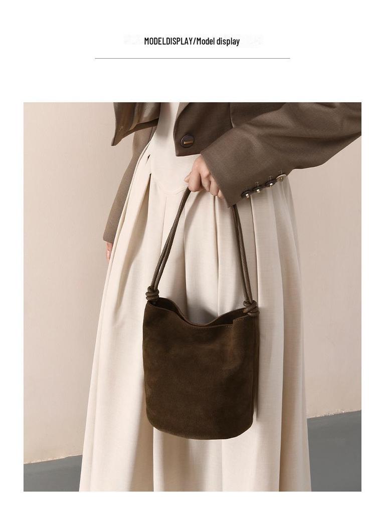 High-Mercerized Matte Cowhide Drawstring Bucket Bag - Retro Commuter Style Genuine Leather Women's Handbag with Large Capacity