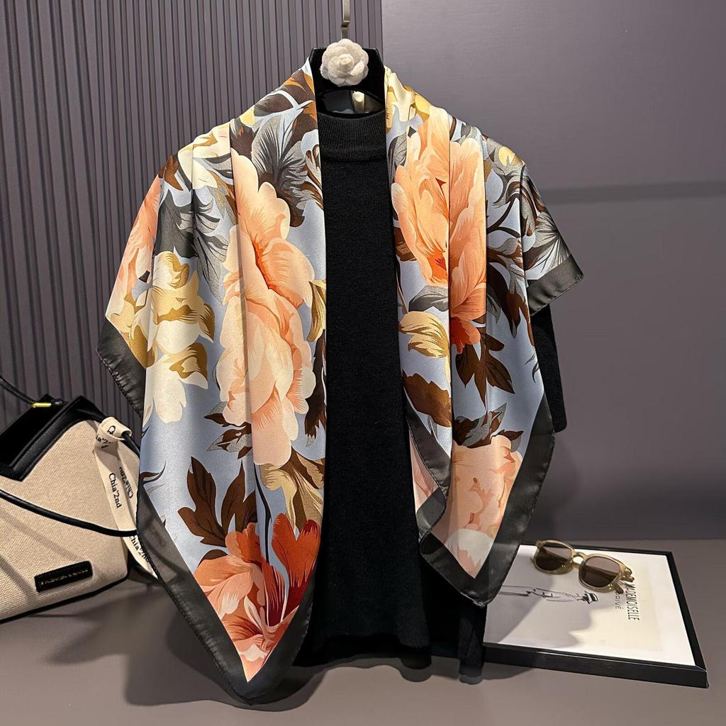 Women's Retro Fashion Mulberry Silk Feel Square Scarf - Summer Faux Satin, Sun Protection, 90cm