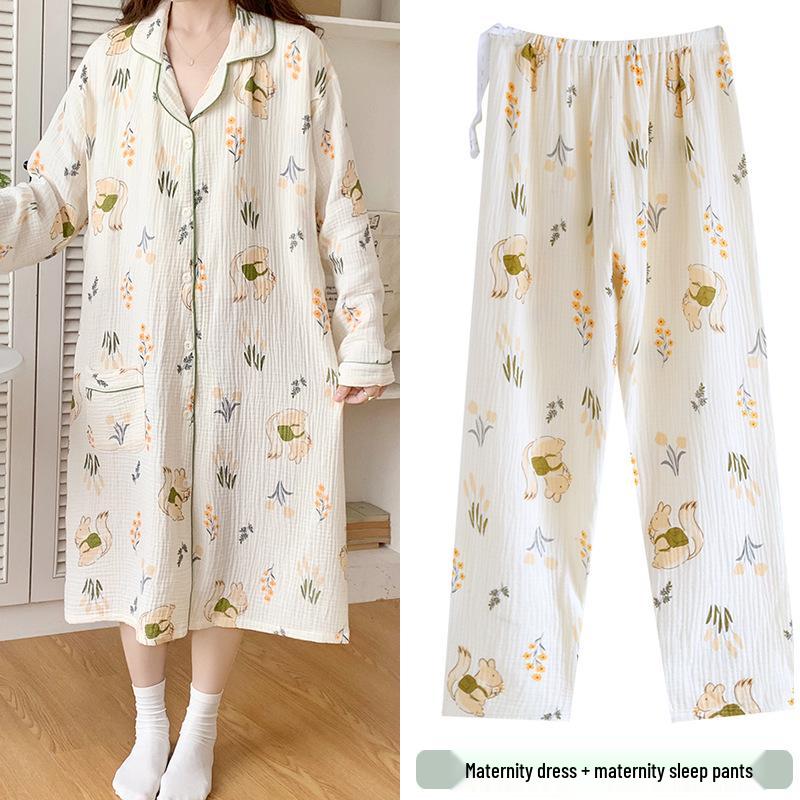 Baumwoll-Musselin Umstandspyjama-Set - Frühling/Herbst Stillnachthemd mit Hose