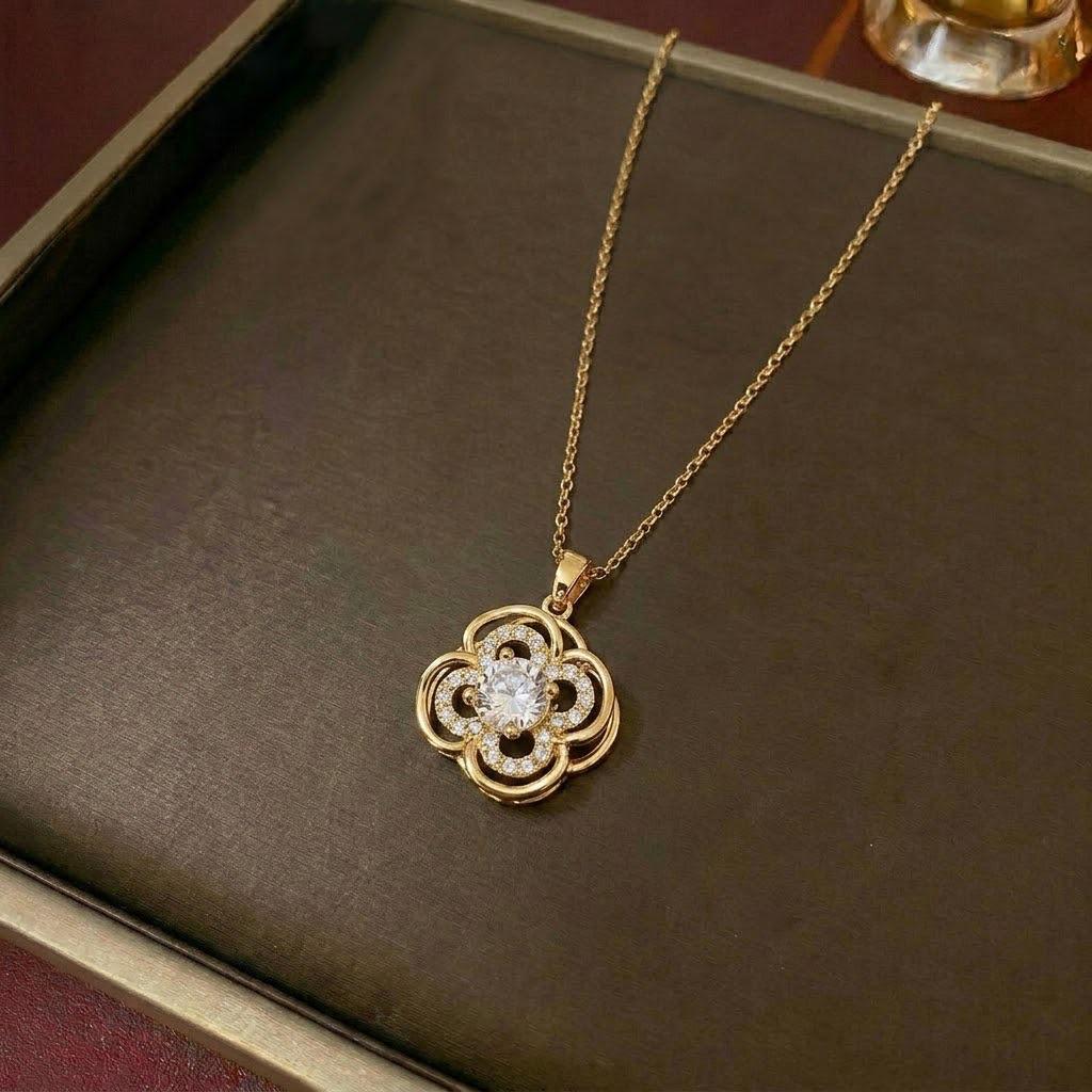 Women's Fashion Necklace & Bracelet Set: Flower Pendant, Diamond Bauhinia Earrings
